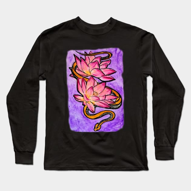 Pink Lotus, Orange Snake Long Sleeve T-Shirt by OliviaBethWorks